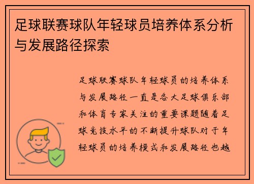 足球联赛球队年轻球员培养体系分析与发展路径探索