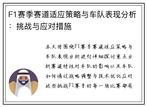 F1赛季赛道适应策略与车队表现分析：挑战与应对措施