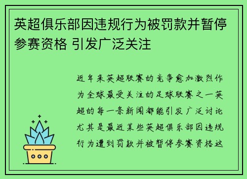 英超俱乐部因违规行为被罚款并暂停参赛资格 引发广泛关注